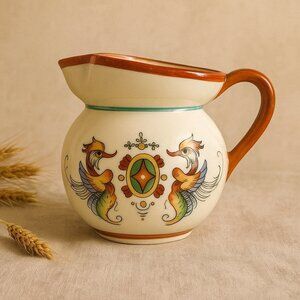 Vintage Bohemian Pottery Pitcher Czechoslovakia Art Deco European Folk Ceramic